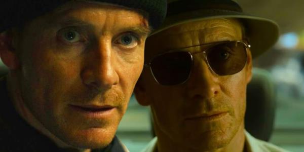 Custom image of Michael Fassbender as the Killer looking straight ahead and inside a taxi in The Killer