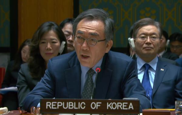 South Korean Foreign Minister Cho Tae-yul speaks during a session of the U.N. Security Council at U.N. headquarters in New York on Feb. 23, 2024 in this photo captured from U.N Web TV. (PHOTO NOT FOR SALE) (Yonhap)